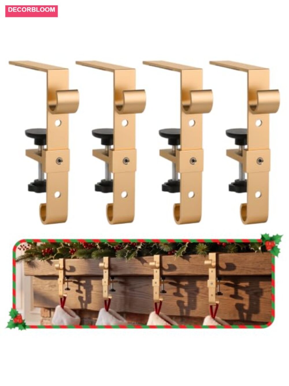 2-in-1 Christmas Garland & Stocking Holders for Mantle Set of 4 Metal